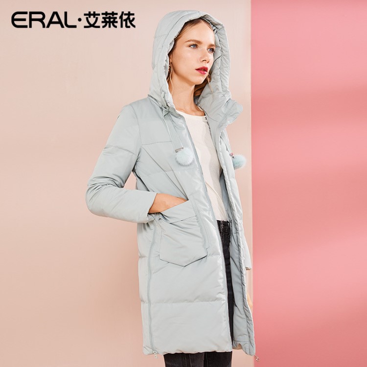 ERAL/艾萊依2018秋冬新款時(shí)尚連帽中長(zhǎng)款羽絨服女617103042