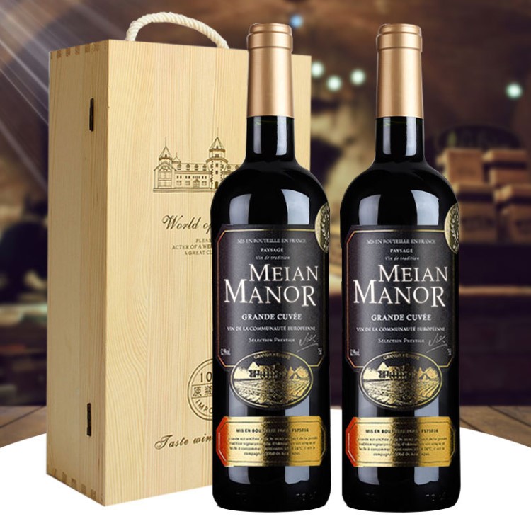紅酒 2支裝 法國原汁干紅葡萄酒批發(fā)送禮盒裝【送雙支木盒】