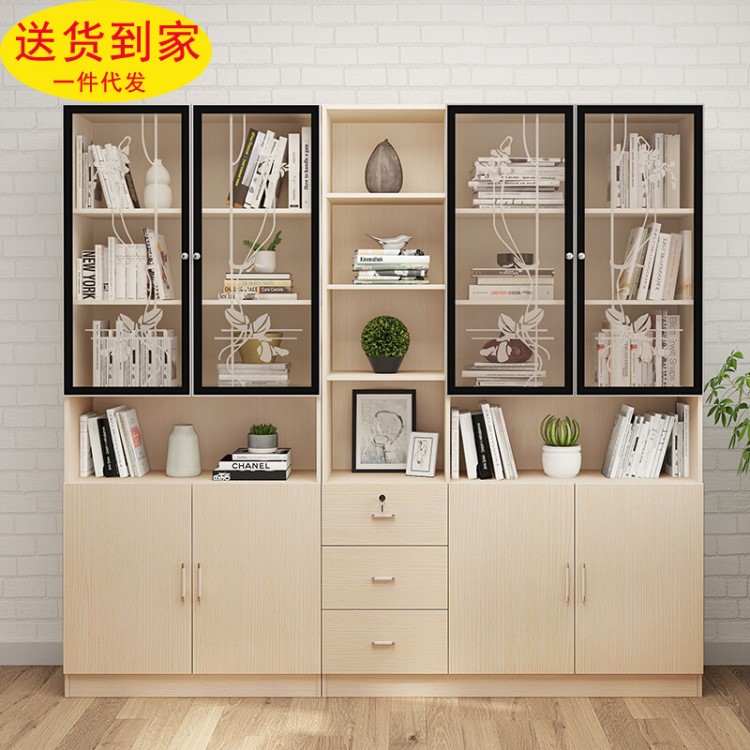 木月家具簡約現(xiàn)代書柜書架組合 鋼化玻璃收納儲物柜 三門書柜