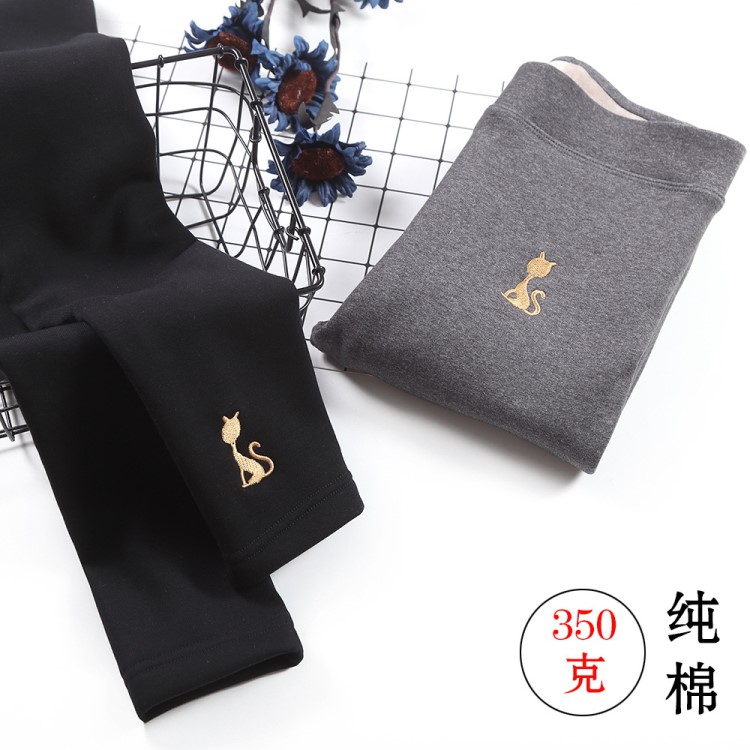 刺繡貓加絨打底褲棉九分打底褲外穿女士加絨加厚不起球保暖褲