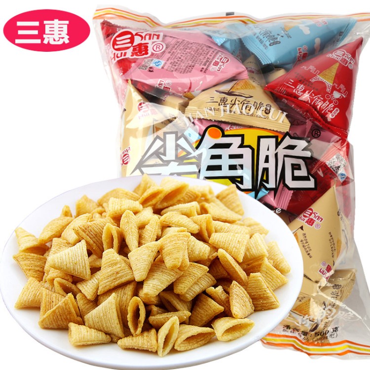 三惠 尖角脆500g 三角塔小米鍋巴薯片膨化零食小吃 休閑食品批發(fā)