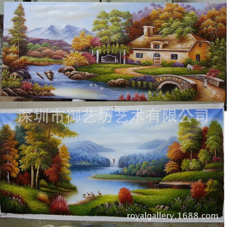 御藝坊批發(fā)零售手繪油畫 中歐式山水風(fēng)景壁畫三只小鹿聚寶盆