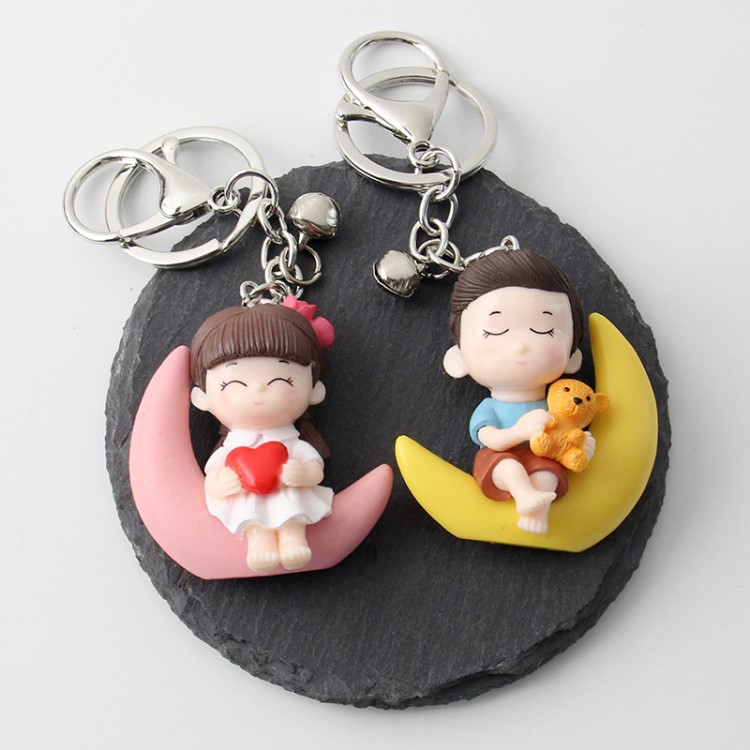 創意可愛男生女生鑰匙扣月亮包包掛件手工情侶公仔娃娃個性圈環鏈