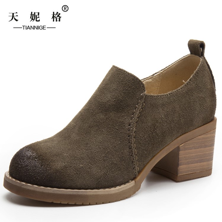 天妮格原創(chuàng)手工磨砂牛皮深口單鞋粗高低幫鞋真皮職業(yè)高跟