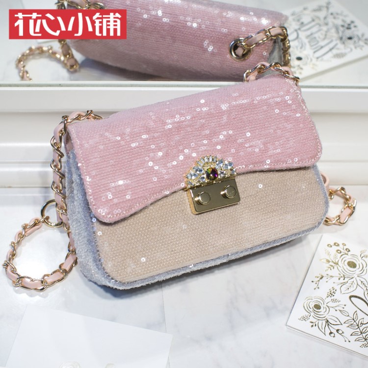 axixi花心小鋪2019新款小香風亮片mini小方包鏈條單肩斜挎女包包