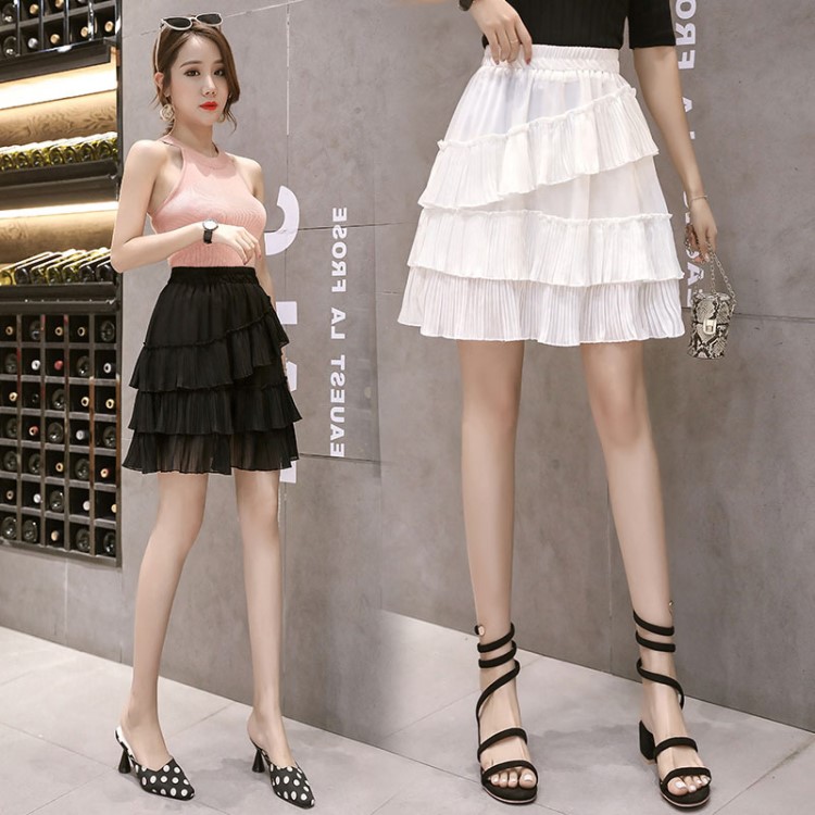 夏季新款不规则荷叶边雪纺半身裙女小个子百褶裙子a字伞裙短裙