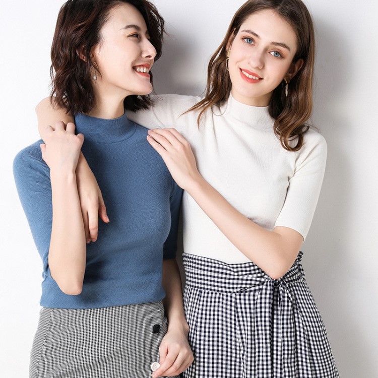 簡約時尚半高領(lǐng)色修身款中袖上衣 女式新款韓版氣質(zhì)套頭T恤批發(fā)