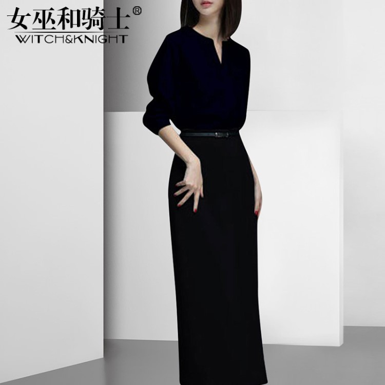 色时尚连衣裙女高腰2019秋冬新款简约风小黑裙长款铅笔裙