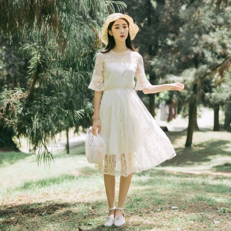 很仙的仙气连衣裙女学生森女系2019夏季新款短袖甜美蕾丝仙女裙子