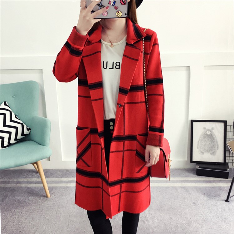 毛衣外套女2019秋冬季新款中長款針織開衫韓版寬松翻領格子女裝潮