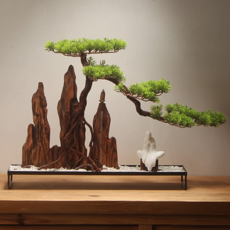 新中式仿真崖柏根雕別墅擺件 辦公室玄關(guān)山水景觀木質(zhì)工藝品軟裝