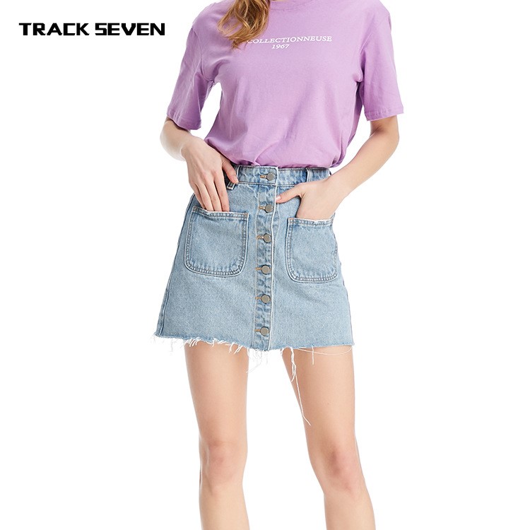 TRACKSEVEN 夏季新款双色高腰百搭牛仔包臀裙女 修身显瘦牛仔短裙