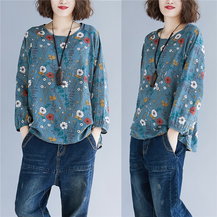 2019年秋裝復古印花長袖寬松棉麻大碼女裝T恤胖MM200斤藏肉上衣