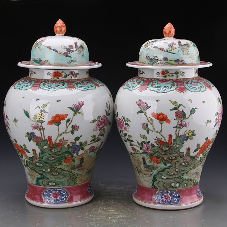 全手绘粉彩花鸟将军罐一对仿古做旧订制收藏品景德镇古董瓷器摆件