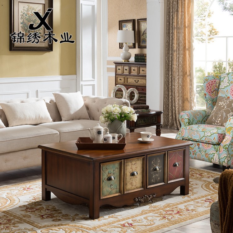 美式實木復古套裝茶桌電視柜組合批發大小戶型茶幾客廳家具