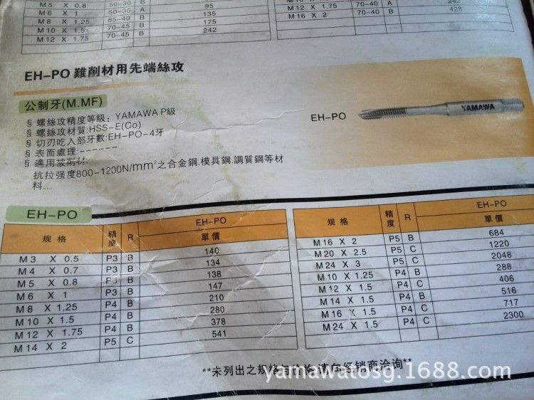 YMW極難切削材用EH-PO：M16*2/M16*1.5/M14*2/M14*1.5調(diào)質(zhì)鋼/锘鋼
