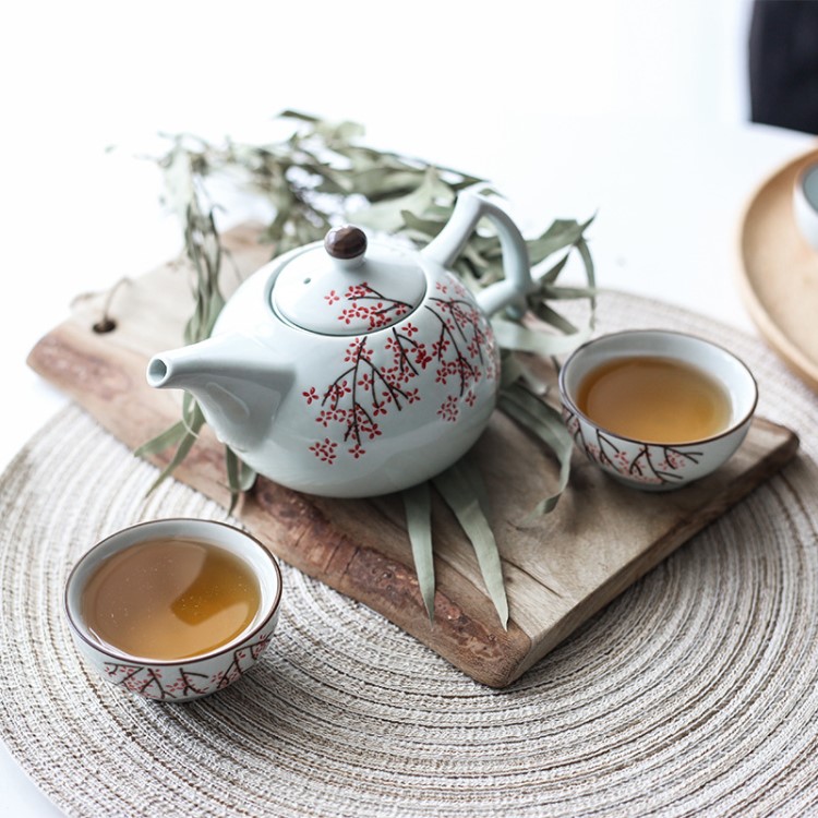 西田木雨 日式和風(fēng)手繪爛漫紅梅一壺五杯茶具家用套裝茶壺茶杯