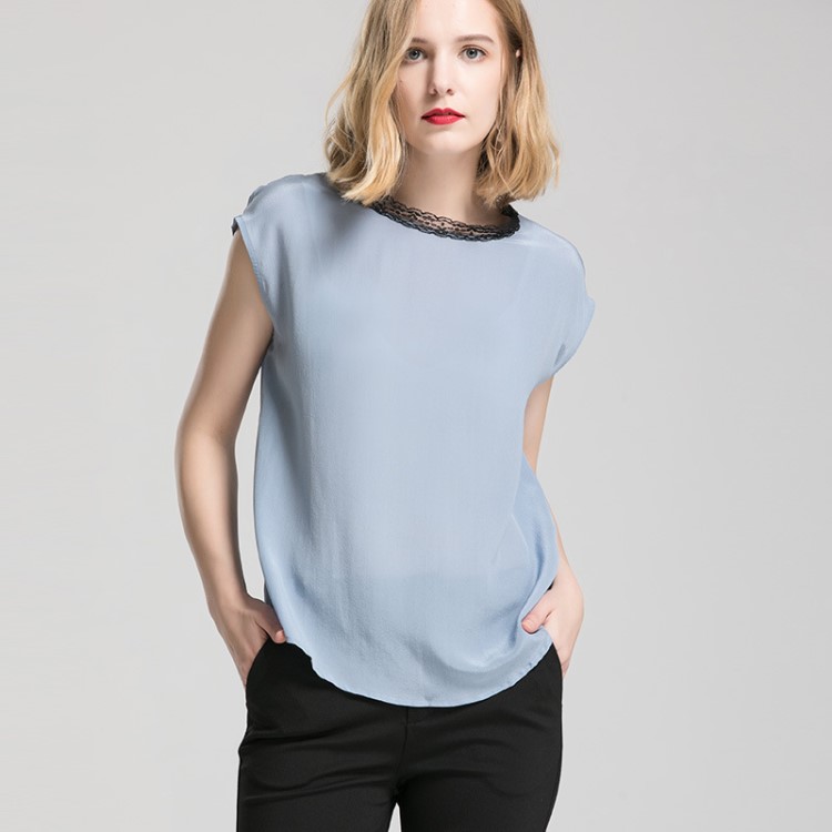 真丝拼接短袖打底衫2019夏季新款真丝t恤圆领桑蚕丝女士上衣
