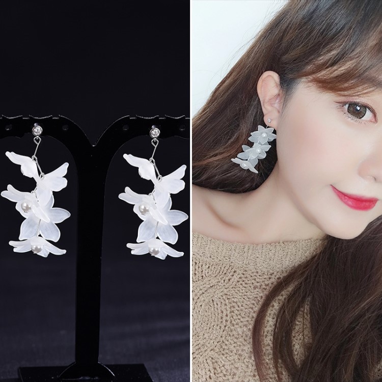 925銀甜美白色花瓣耳釘女韓版長款花朵耳墜輕柔超仙ins網紅耳飾