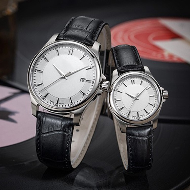 情侶款石英表同心圓水波紋白表盤真皮防水個(gè)性奢華休閑男女鋼表