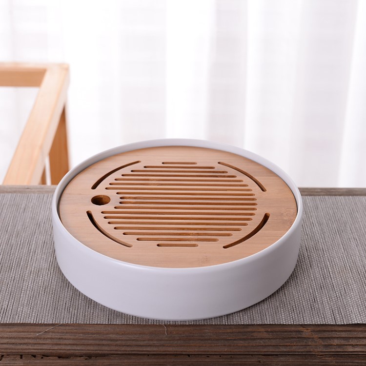批發日式定窯白瓷干泡盤創意竹制圓形儲水式茶臺小茶盤茶道配件