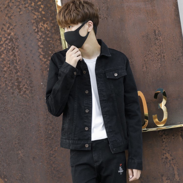 黑色外套男秋冬新款时尚字母印花立领开衫长袖牛仔衣韩版夹克男装
