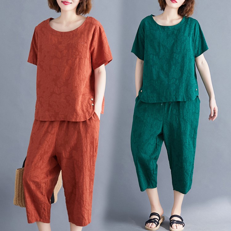 夏季套裝女裝時尚兩件套2019新款夏天大碼七分闊腿褲夏裝潮款韓版