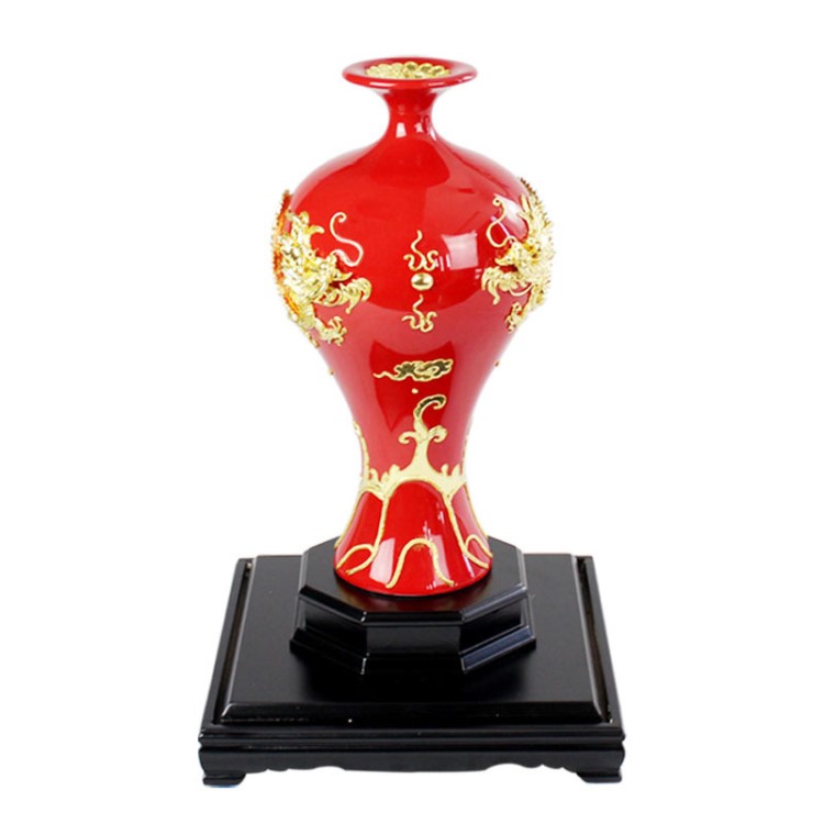 德化工藝陶瓷擺件禮品 漆線雕 雙龍戲珠 禮盒包裝 中國紅花瓶