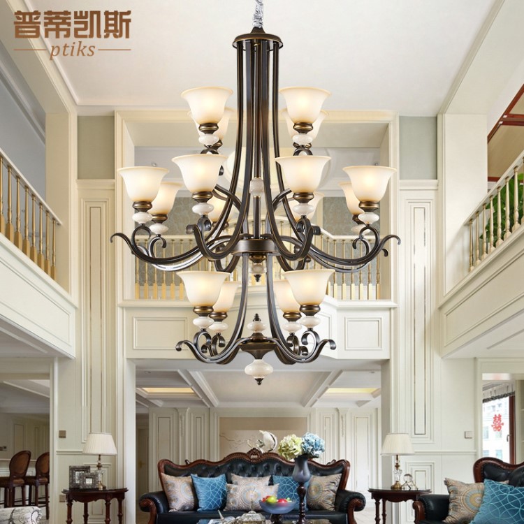 樓梯吊燈美式復式樓客餐廳長燈三層現代全銅燈具新中式酒樓旋轉燈