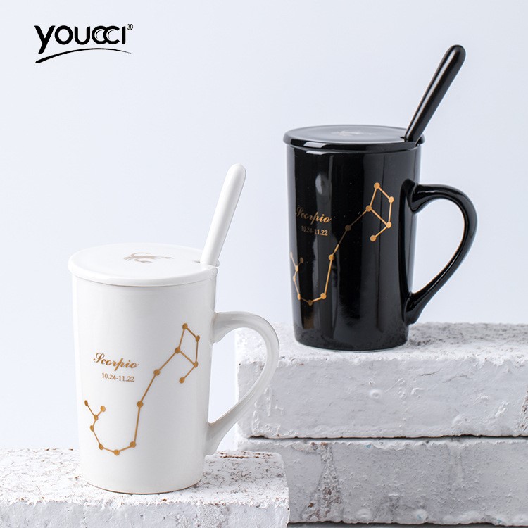 創(chuàng)意禮品星座杯馬克杯帶蓋帶勺陶瓷水杯情侶杯子加印姓名定制logo