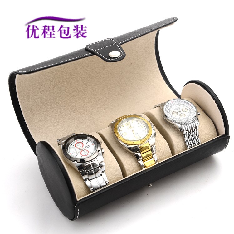 現貨3位圓筒手表盒圓形首飾收納盒pu皮革手表盒子手表包裝盒