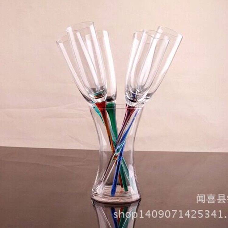【廠家直銷】彩色沙灘玻璃酒香檳杯 6杯+1座  套裝