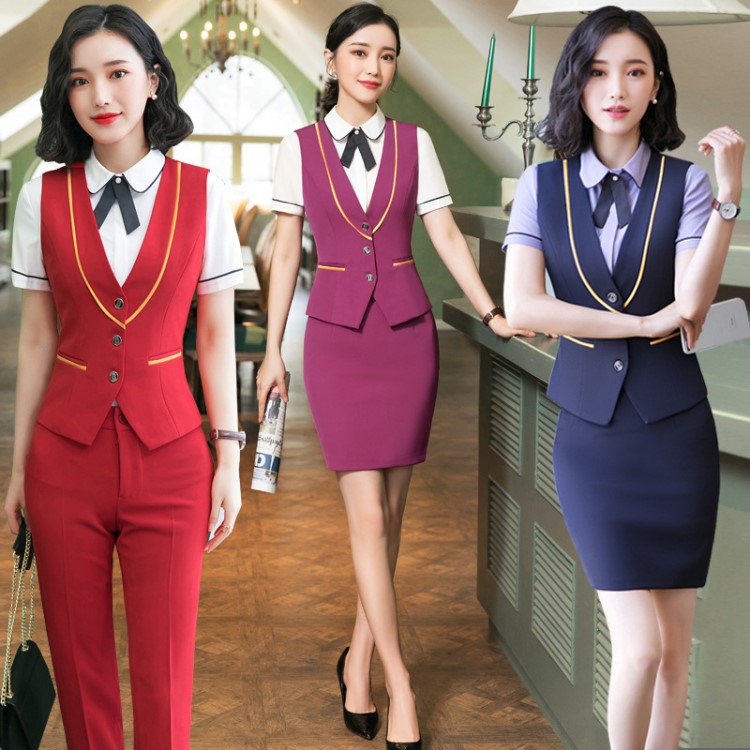職業(yè)馬甲套裝裙三件套工作服女美容院酒店前臺(tái)工作服正工裝收銀夏