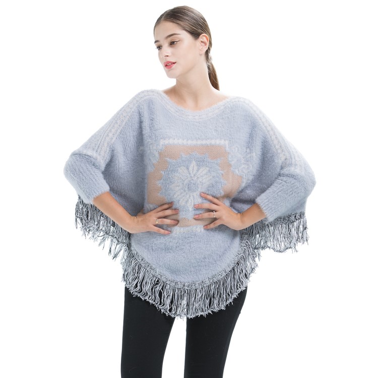 2019秋冬新款女裝寬松流蘇斗篷毛衣外套針織衫長袖上衣JR396