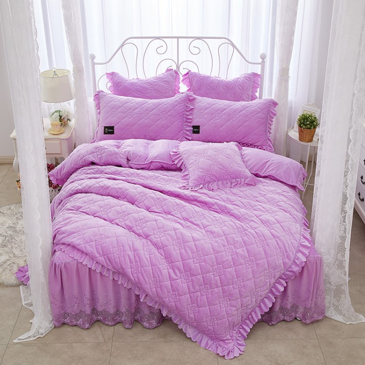 水晶绒夹棉绗缝蕾丝花边床裙床上用品四件套批发色加厚婚庆套件