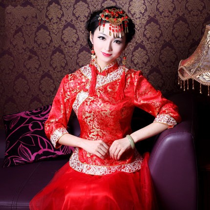 新款秋冬新娘結(jié)婚禮服紅色傳統(tǒng)長袖旗袍宴會敬酒服定做