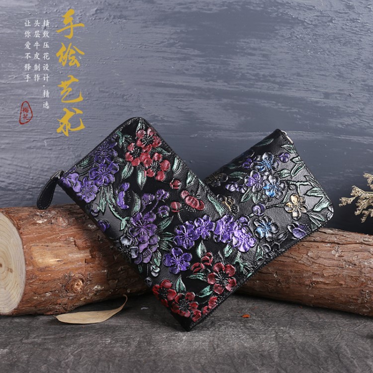 一件代發(fā)2019新款真皮女士豎款錢(qián)包原創(chuàng)復(fù)古手工包手繪壓花錢(qián)包