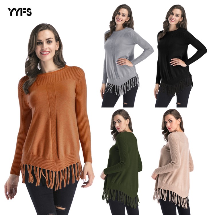 亞馬遜針織衫女2019歐美新款流行圓領下擺流蘇加厚中長款毛衣針織