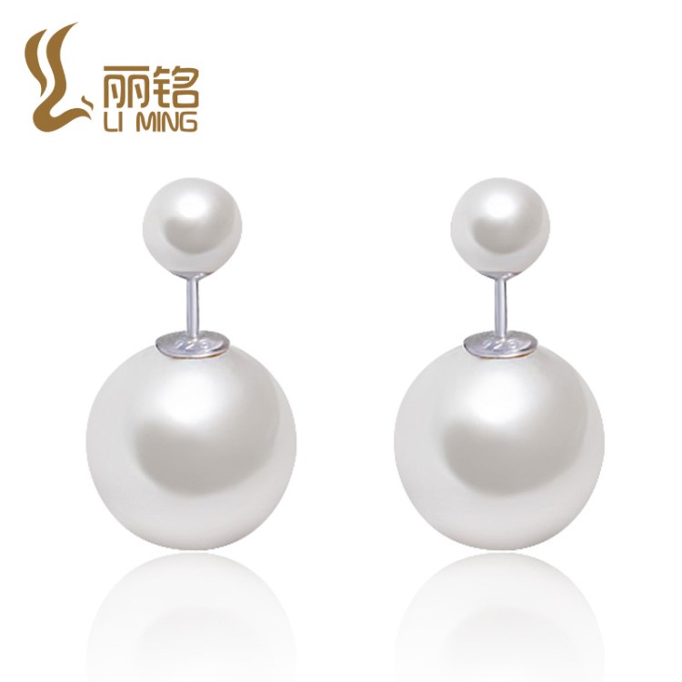 麗銘銀飾 s925銀歐美飾品 跨境外貿(mào)時(shí)尚貝殼珍珠耳飾雙珠耳釘女