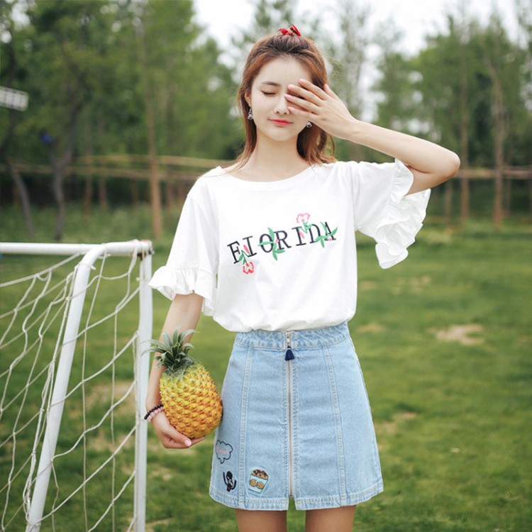 刺繡2019夏季新款韓版女裝喇叭袖短袖T恤女士學(xué)生上衣潮一件代發(fā)