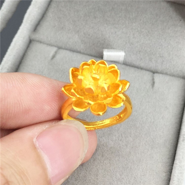 女士戒指 黃銅鍍金荷花歐幣金大戒指 3D印金首飾批發24K真金