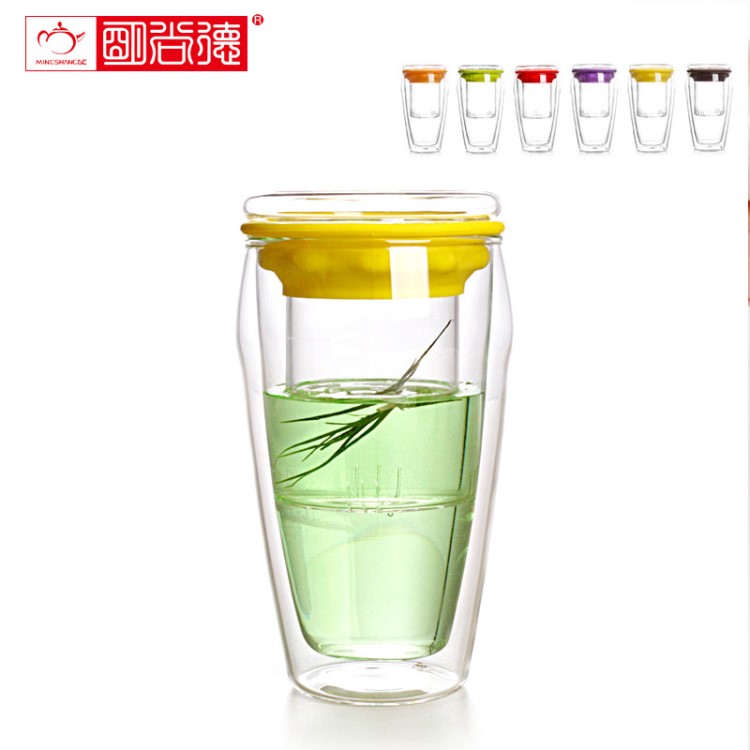 明尚德多彩硅膠帶茶漏 450ml商務禮品雙層玻璃杯 廠家批發定制