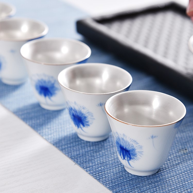 999銀杯陶瓷鎏銀主人杯手工畫(huà)茶杯單杯手繪功夫茶具茶碗