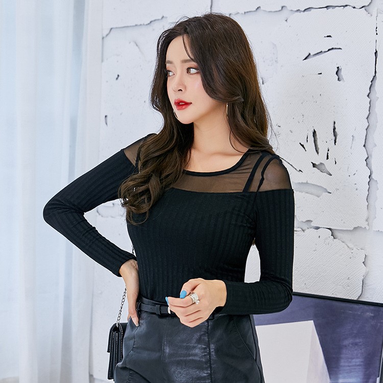 長袖t恤女網紗露肩打底衫韓版性感長袖色上裝女秋裝女一件代發