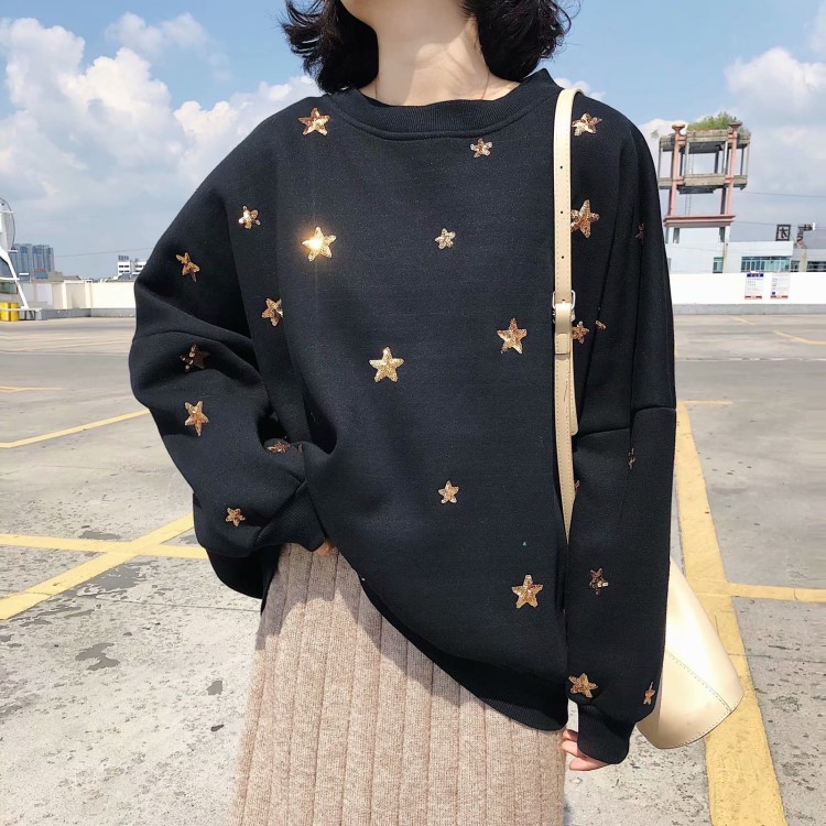 2018時尚新款亮片星星刺繡加絨衛(wèi)衣女A2203