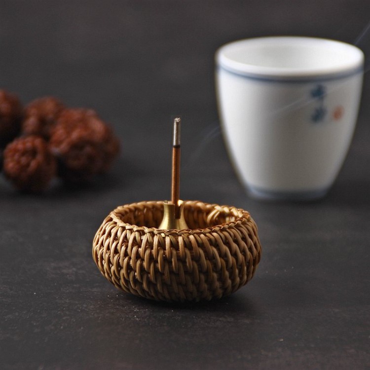 居室創意香道茶道點香器復古線香爐藤編制作香插檀蓮花香座藏香爐