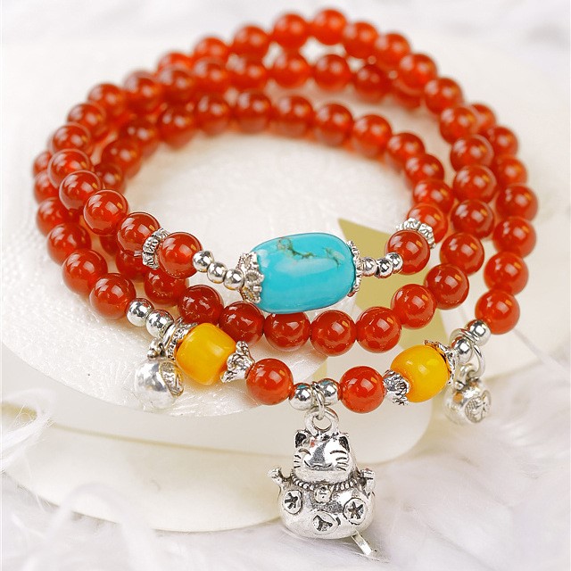 可爱陶瓷招财猫黑色玛瑙天然石水晶串珠单圈手作手串天然玛瑙天珠手链