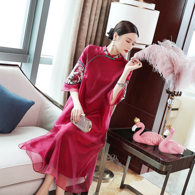夏季女裝中式斜襟刺繡喜宴改良旗袍禮服裙敬酒漢服連衣裙99202