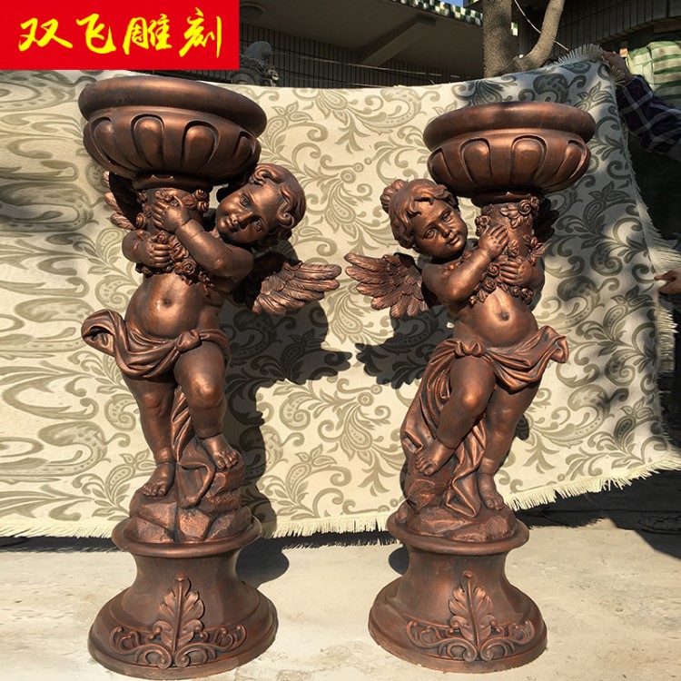 河北曲陽玻璃鋼雕塑 1米2仿古銅小天使花盆 西方人物花盆花缽