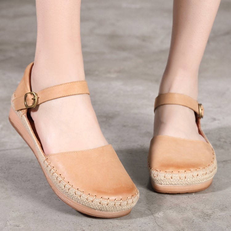 2019新款文藝清新金屬扣休閑單鞋 復(fù)古麻料真皮平底女鞋廠家直銷